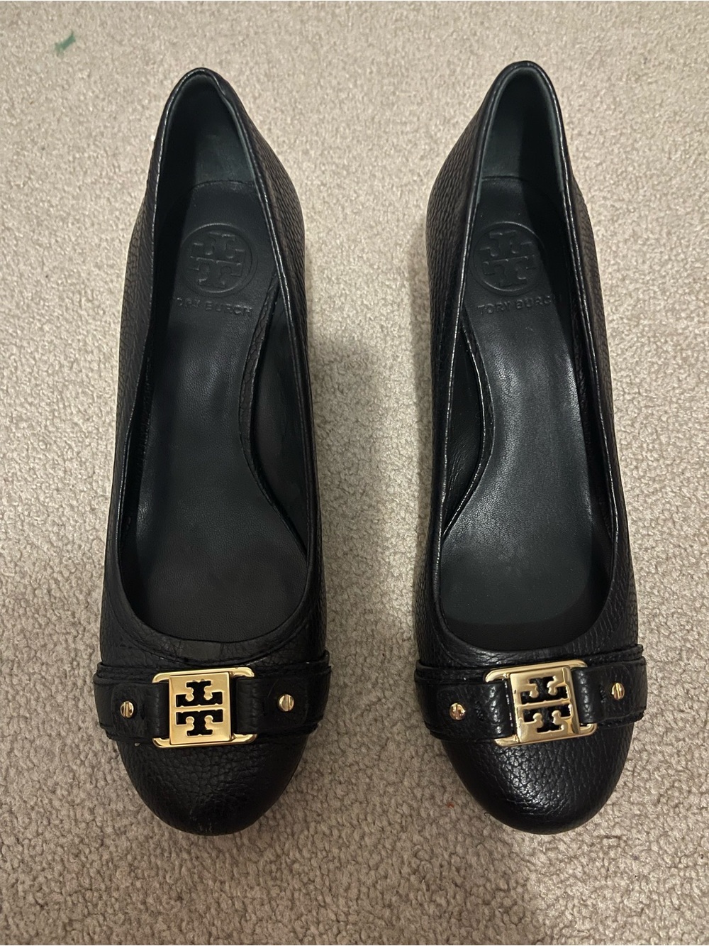 Tory Burch Black Leather wedges with Gold Logo Plaque